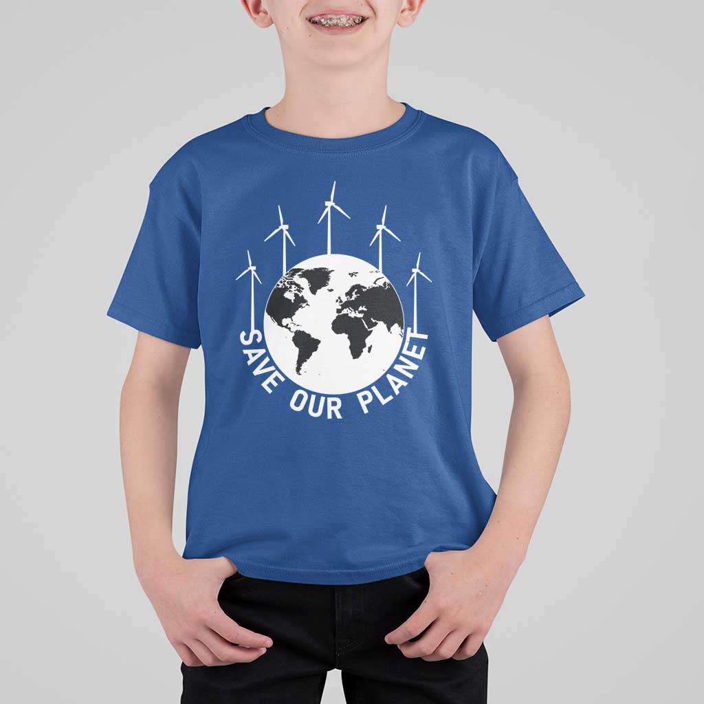 Save Our Planet T Shirt For Kid Wind Power Electricity Earth Day 2025