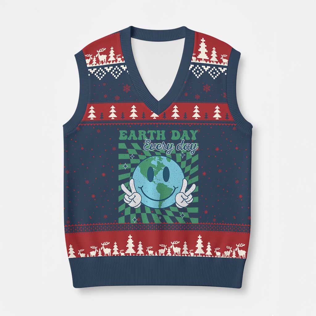 Earth Day Everyday V-Neck Knit Sweater Vest Smile Face Hippie Planet Anniversary - Wonder Print Shop