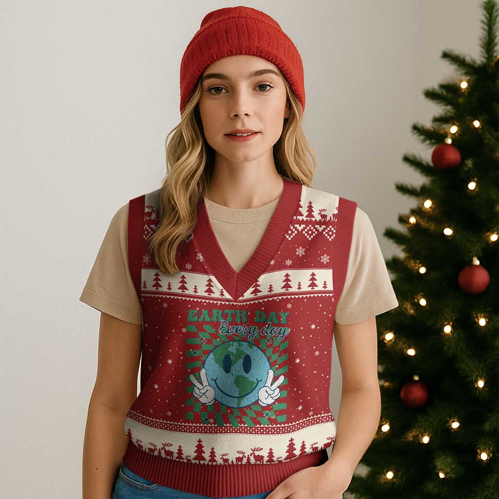 Earth Day Everyday V-Neck Knit Sweater Vest Smile Face Hippie Planet Anniversary - Wonder Print Shop