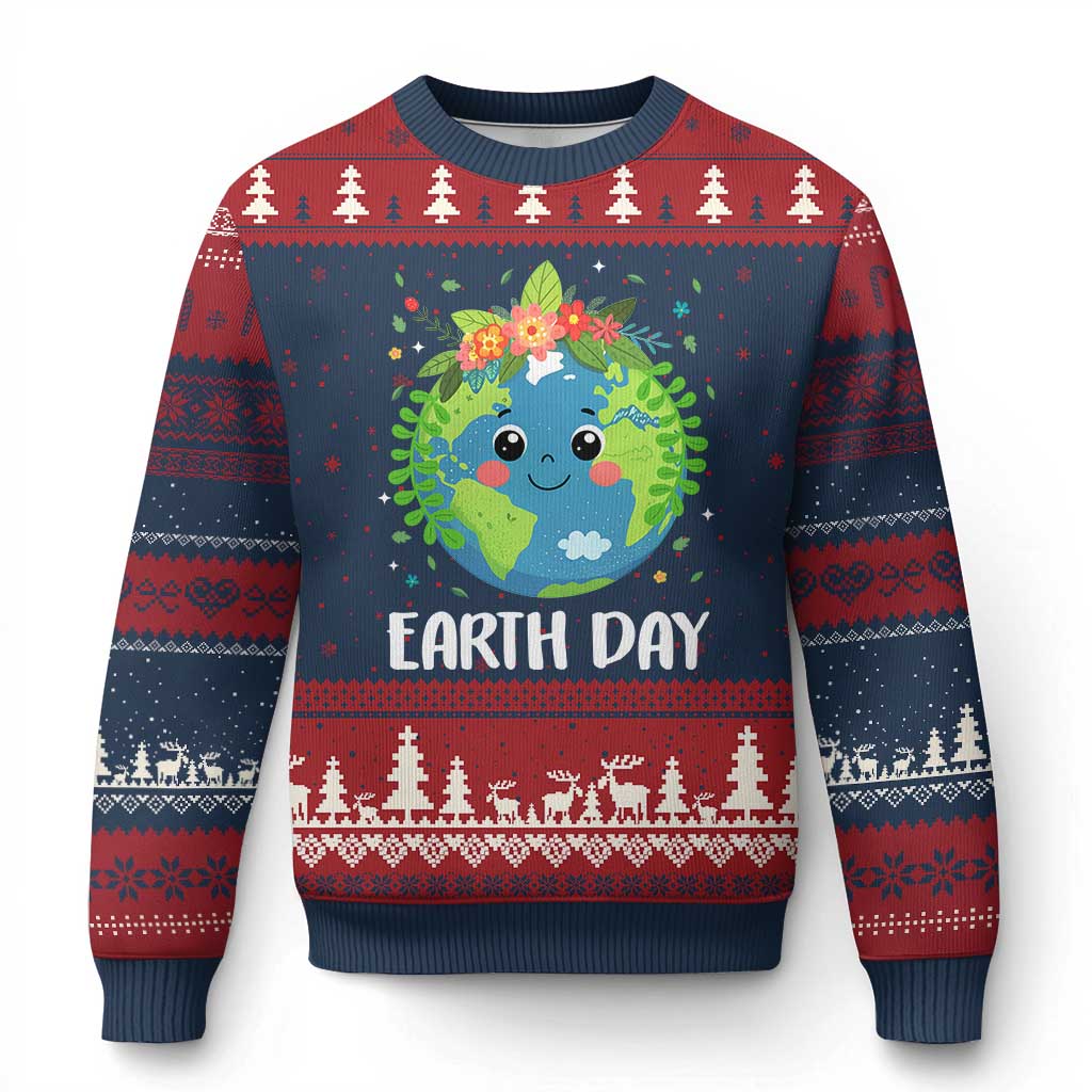 Happy Earth Day Ugly Christmas Sweater Cute Earth With Floral - Wonder Print Shop