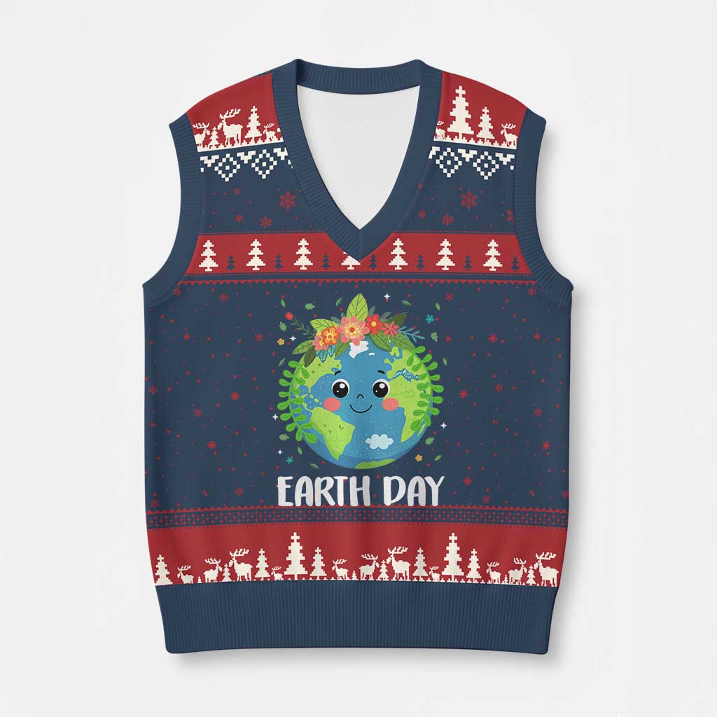 Happy Earth Day V-Neck Knit Sweater Vest Cute Earth With Floral - Wonder Print Shop