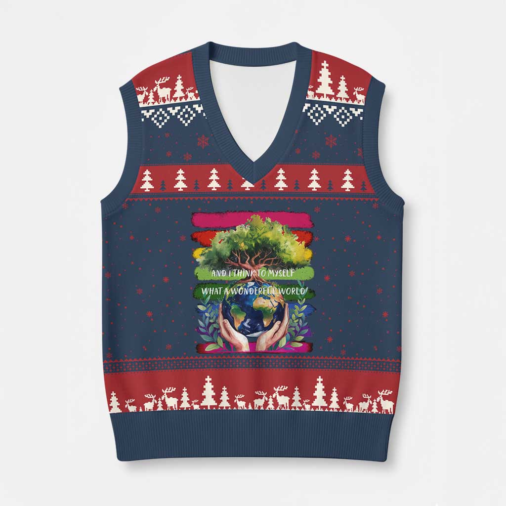 Earth Day V-Neck Knit Sweater Vest And I Think To Myself What A Wonderful World Rainbow - Wonder Print Shop