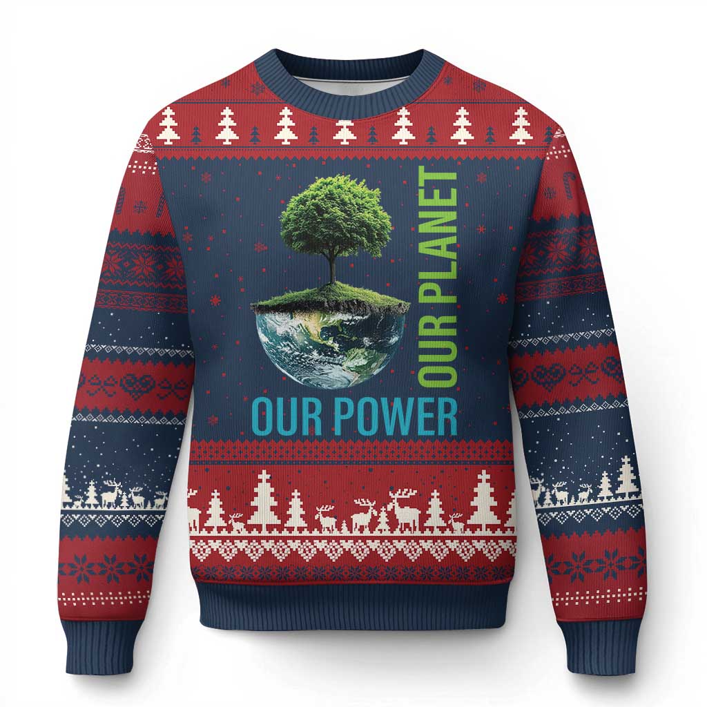 Our Power Our Planet Ugly Christmas Sweater Earth Day 2025 - Wonder Print Shop