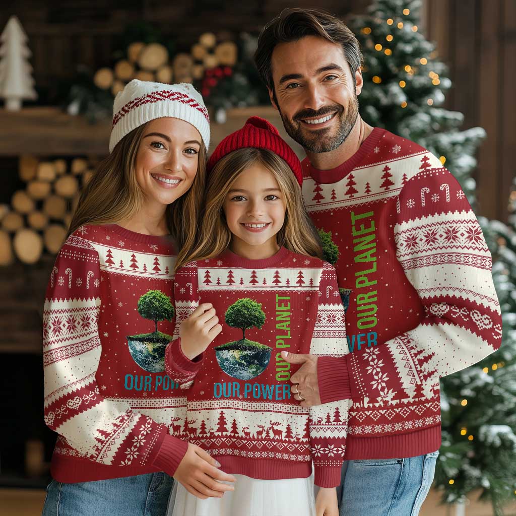 Our Power Our Planet Ugly Christmas Sweater Earth Day 2025 - Wonder Print Shop