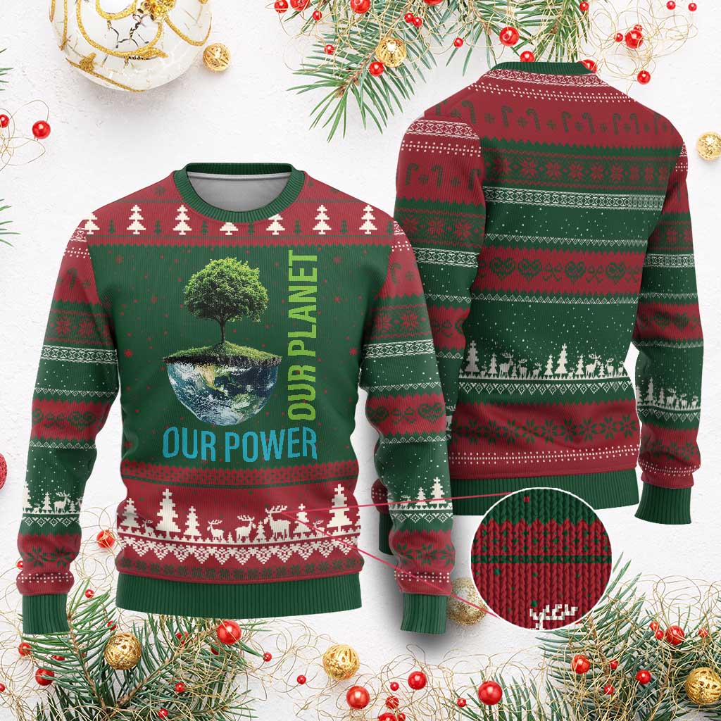 Our Power Our Planet Ugly Christmas Sweater Earth Day 2025 - Wonder Print Shop