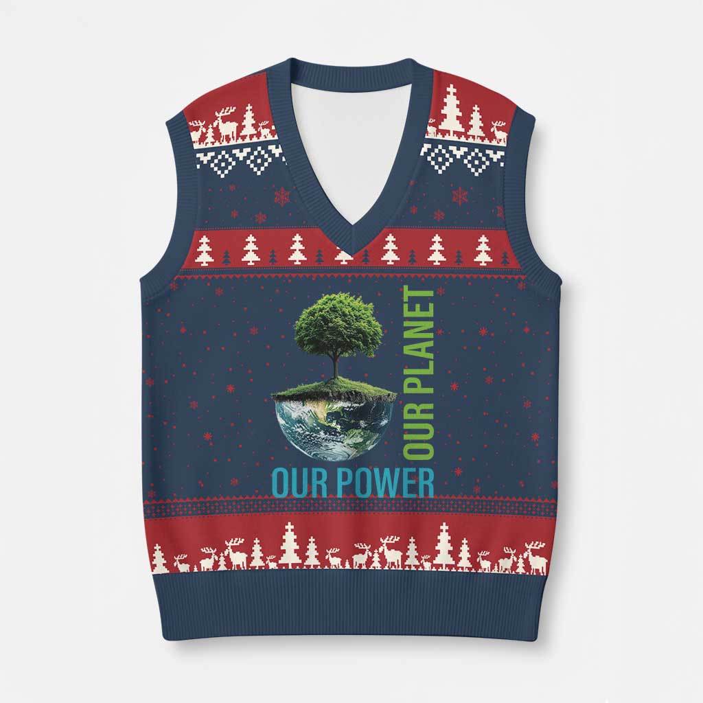 Our Power Our Planet V-Neck Knit Sweater Vest Earth Day 2025 - Wonder Print Shop