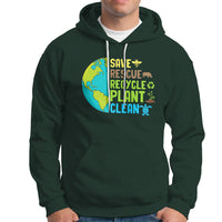 Dark forest green hoodie with front Earth graphic text: SAVE RESCUE RECYCLE PLANT CLEAN