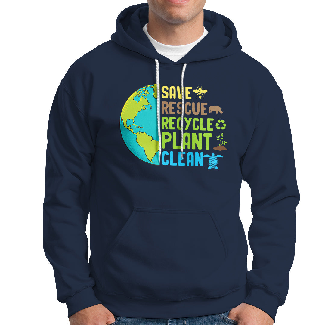 Navy hoodie with front Earth graphic text: SAVE RESCUE RECYCLE PLANT CLEAN
