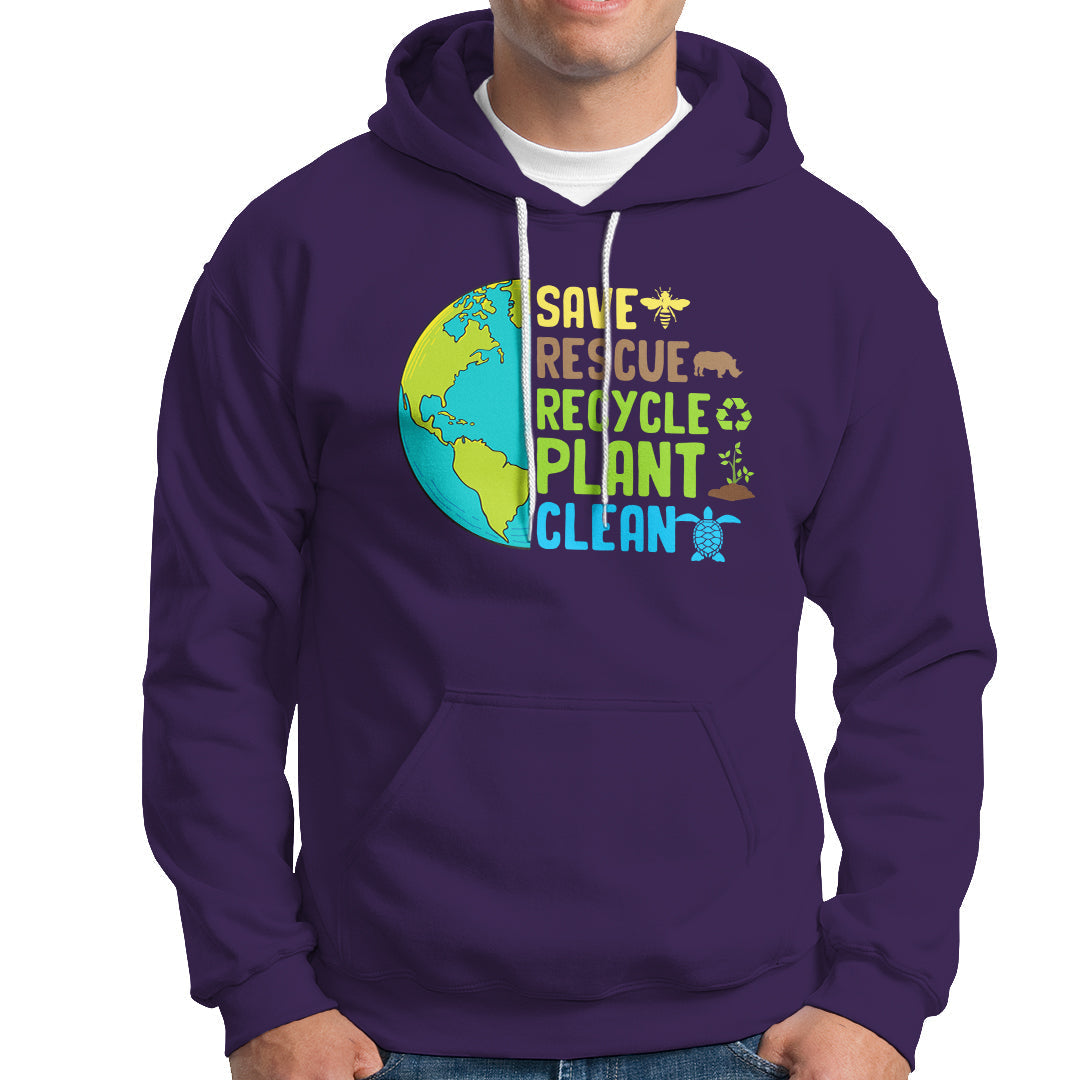 Purple hoodie with front Earth graphic text: SAVE RESCUE RECYCLE PLANT CLEAN