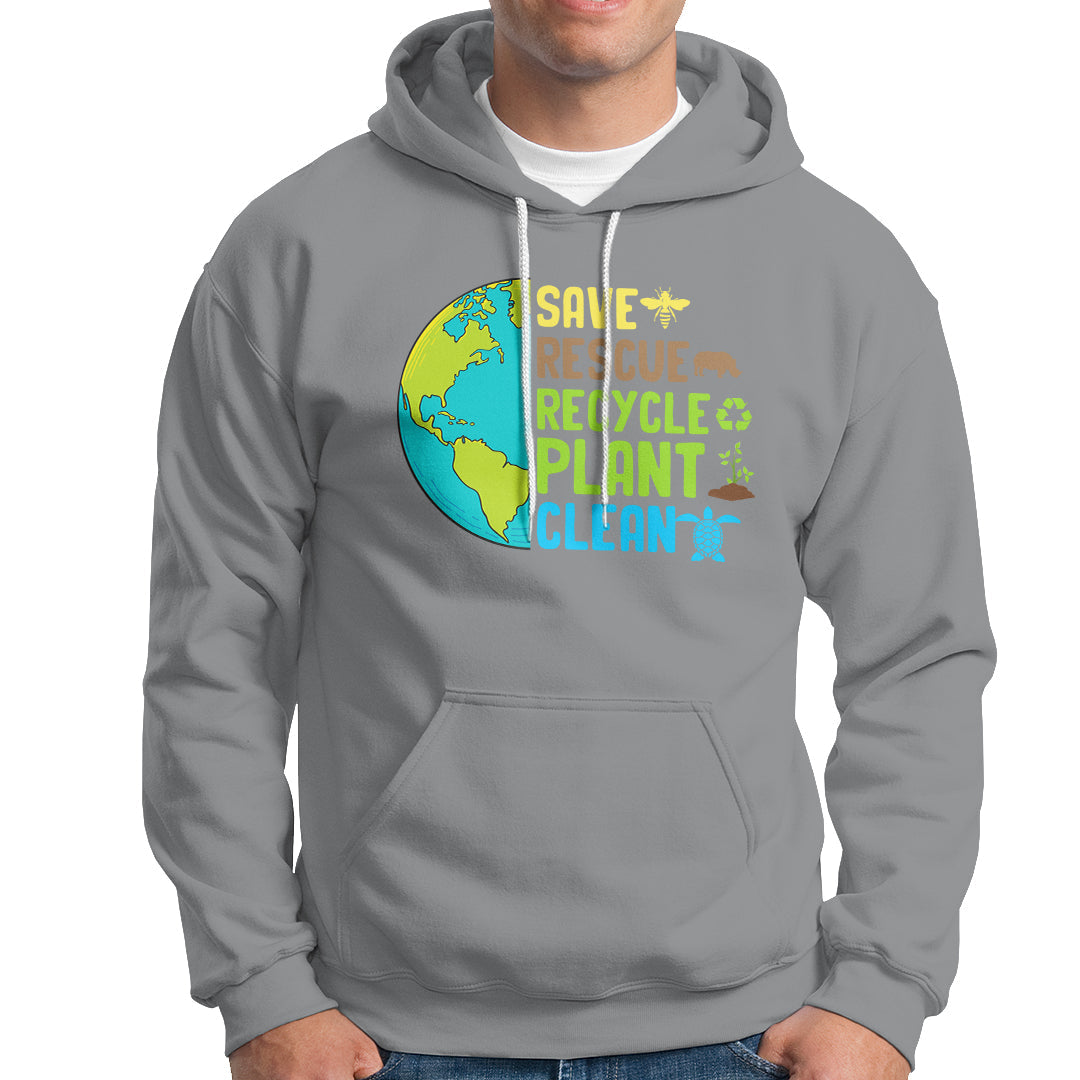 Sport gray hoodie with front Earth graphic text: SAVE RESCUE RECYCLE PLANT CLEAN
