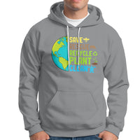 Sport gray hoodie with front Earth graphic text: SAVE RESCUE RECYCLE PLANT CLEAN