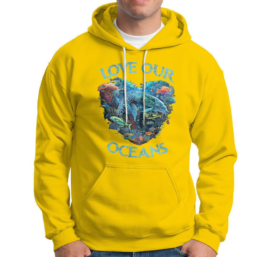 Daisy yellow hoodie with colorful ocean graphic and text "LOVE OUR OCEANS"