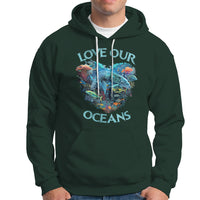Dark forest green hoodie with colorful ocean graphic and text "LOVE OUR OCEANS"