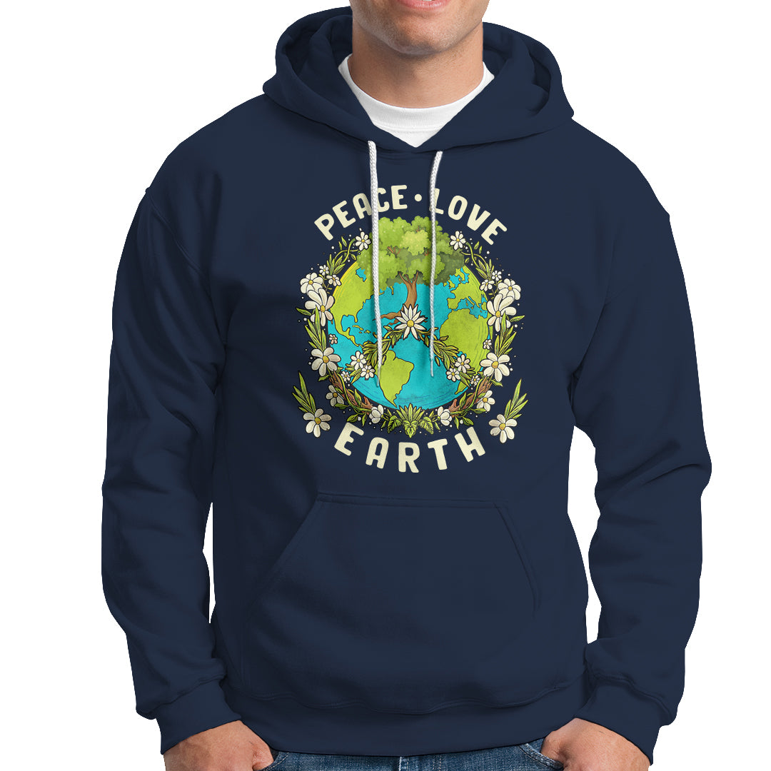 Navy Earth-themed graphic hoodie with front pocket and white drawstring hood