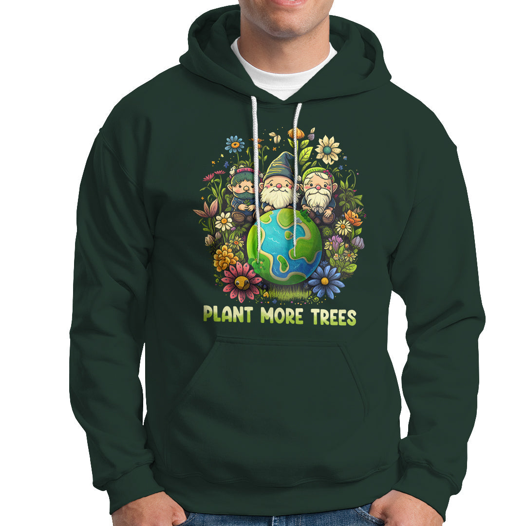 Dark forest green hoodie with gnome-and-flowers graphic and "PLANT MORE TREES" front print.