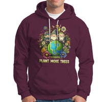 Maroon hoodie with gnome-and-flowers graphic and "PLANT MORE TREES" front print.