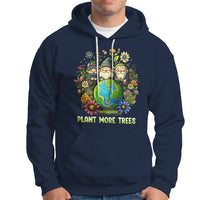 Navy hoodie with gnome-and-flowers graphic and "PLANT MORE TREES" front print.