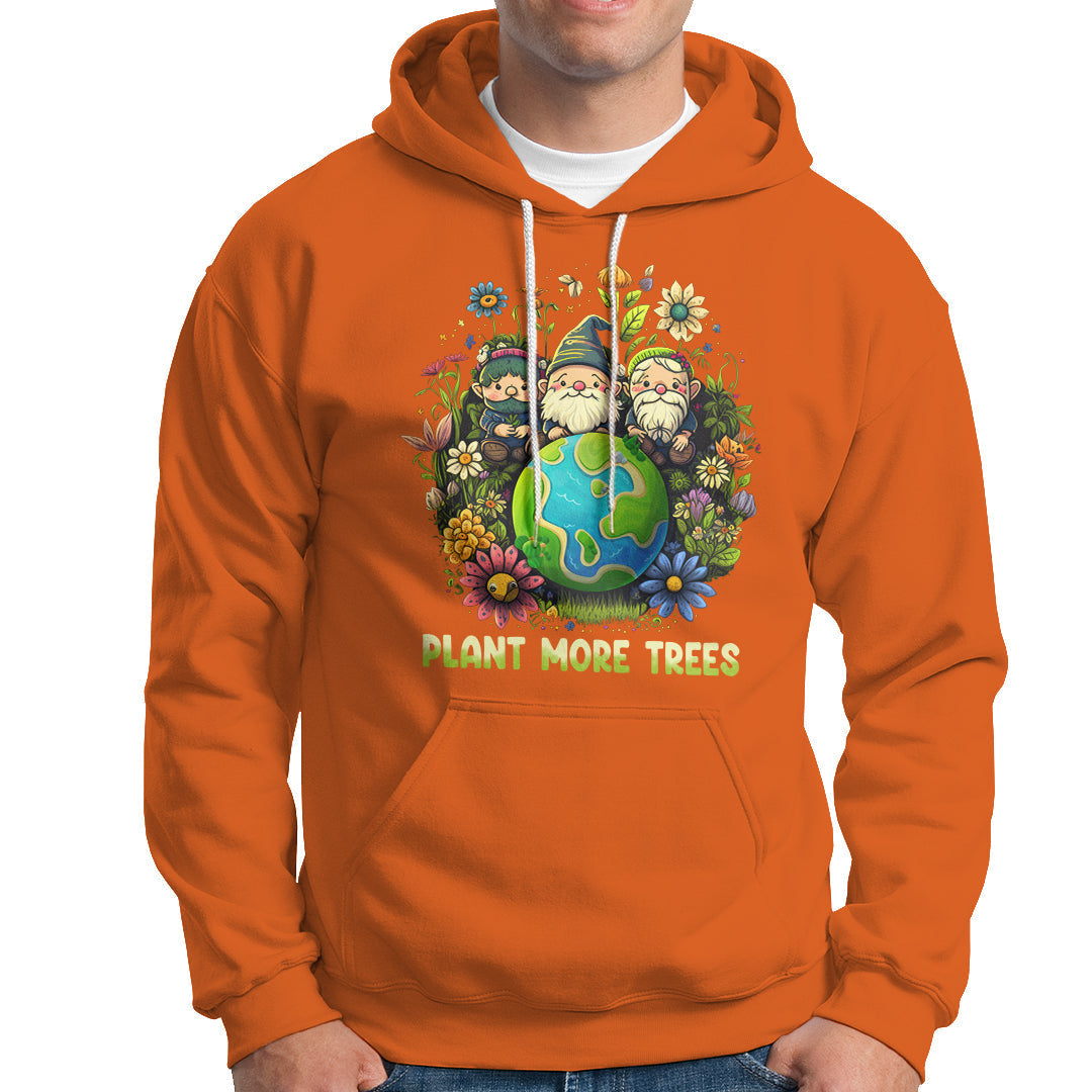Orange hoodie with gnome-and-flowers graphic and "PLANT MORE TREES" front print.