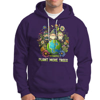 Purple hoodie with gnome-and-flowers graphic and "PLANT MORE TREES" front print.