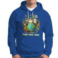 Royal blue hoodie with gnome-and-flowers graphic and "PLANT MORE TREES" front print.