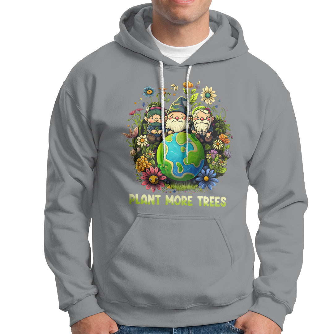 Sport gray hoodie with gnome-and-flowers graphic and "PLANT MORE TREES" front print.