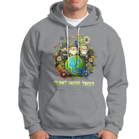 Sport gray hoodie with gnome-and-flowers graphic and "PLANT MORE TREES" front print.