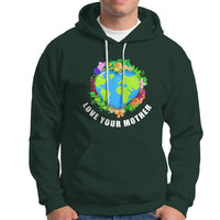 Dark forest green pullover hoodie with colorful heart Earth graphic and kangaroo pocket.