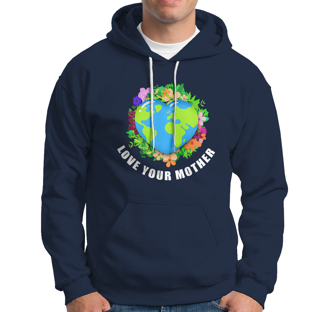 Navy pullover hoodie with colorful heart Earth graphic and kangaroo pocket.