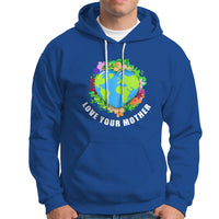 Royal blue pullover hoodie with colorful heart Earth graphic and kangaroo pocket.