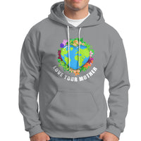 Sport gray pullover hoodie with colorful heart Earth graphic and kangaroo pocket.