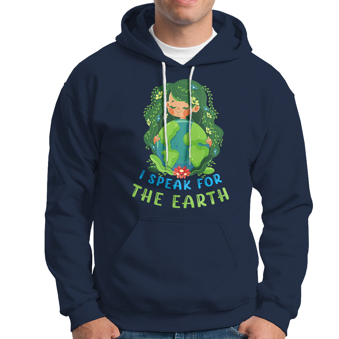 Navy Earth Day hoodie with front pocket and “I Speak for the Earth” graphic