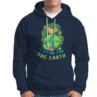 Navy Earth Day hoodie with front pocket and “I Speak for the Earth” graphic