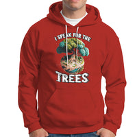 Red Earth Day hoodie with drawstring hood, kangaroo pocket, and 'I Speak for the Trees' graphic