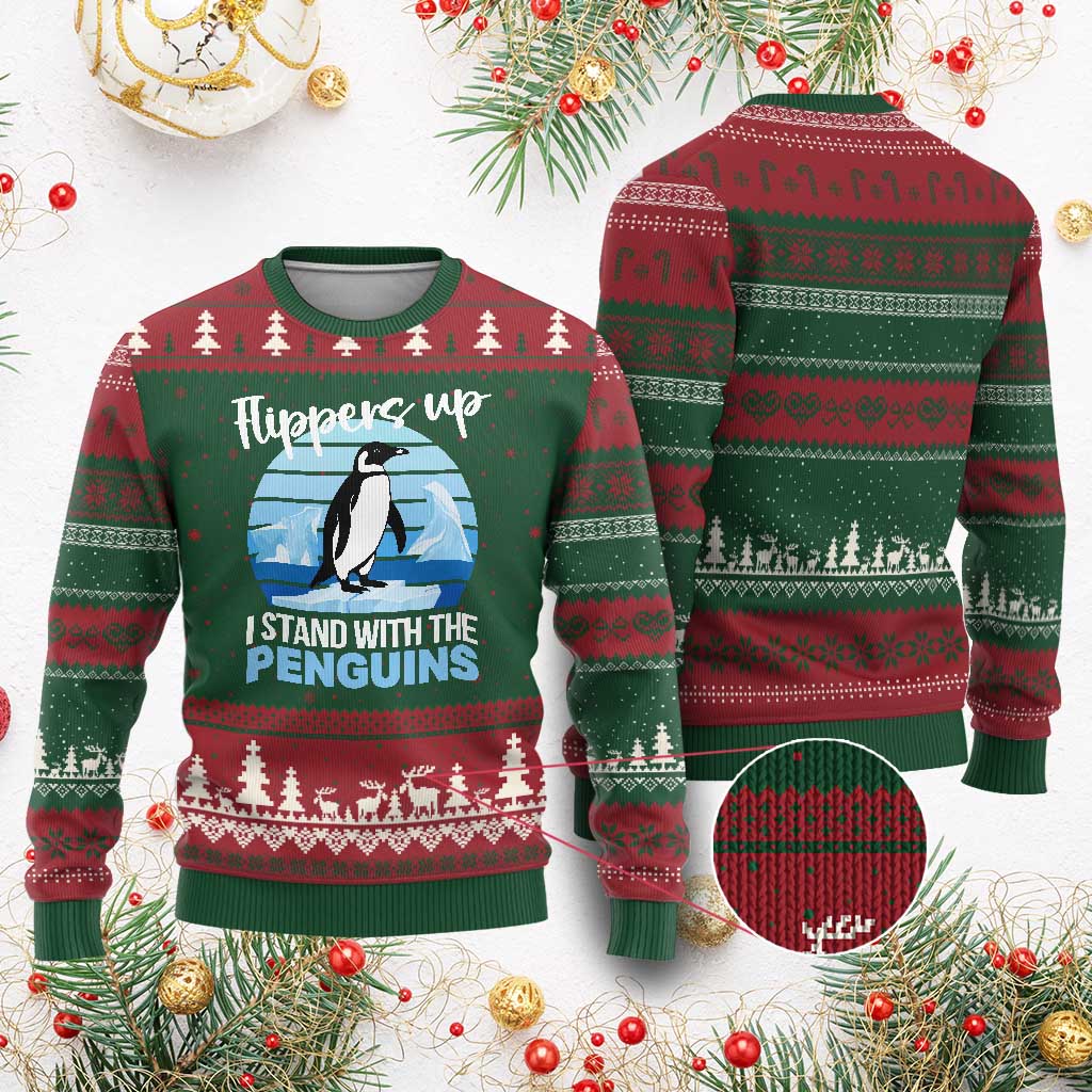 Funny Penguin Resist Ugly Christmas Sweater Flippers Up I Stand With The Penguins - Wonder Print Shop