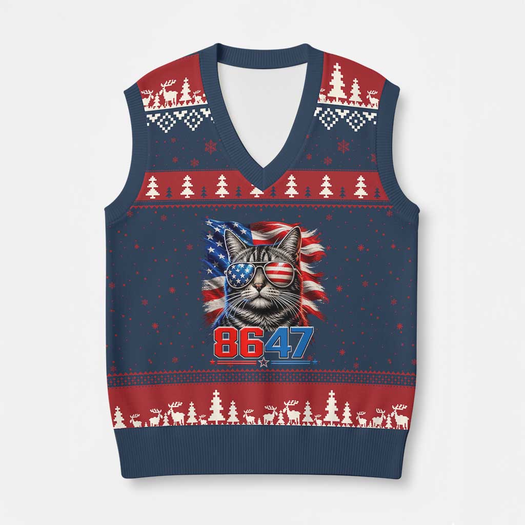 Cool 8647 Patriotic Cat V-Neck Knit Sweater Vest American Flag Sunglasses Tabby Cat Political Satire