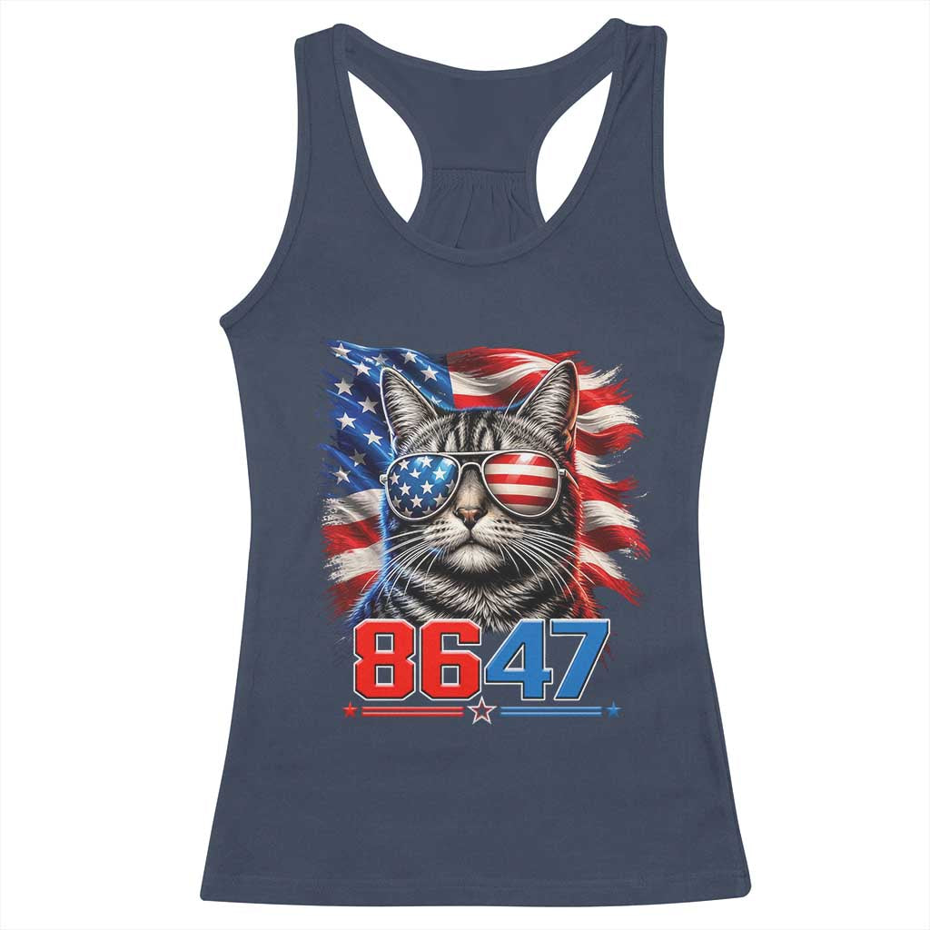 Cool 8647 Patriotic Cat Racerback Tank Top American Flag Sunglasses Tabby Cat Political Satire