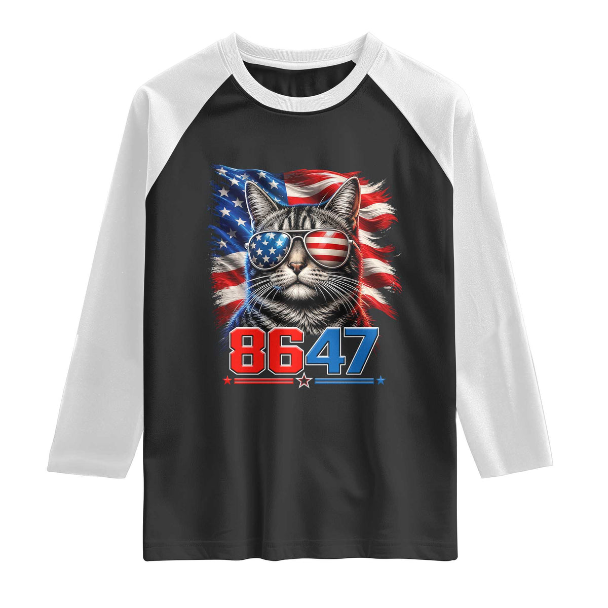 Cool 8647 Patriotic Cat Raglan Shirt American Flag Sunglasses Tabby Cat Political Satire