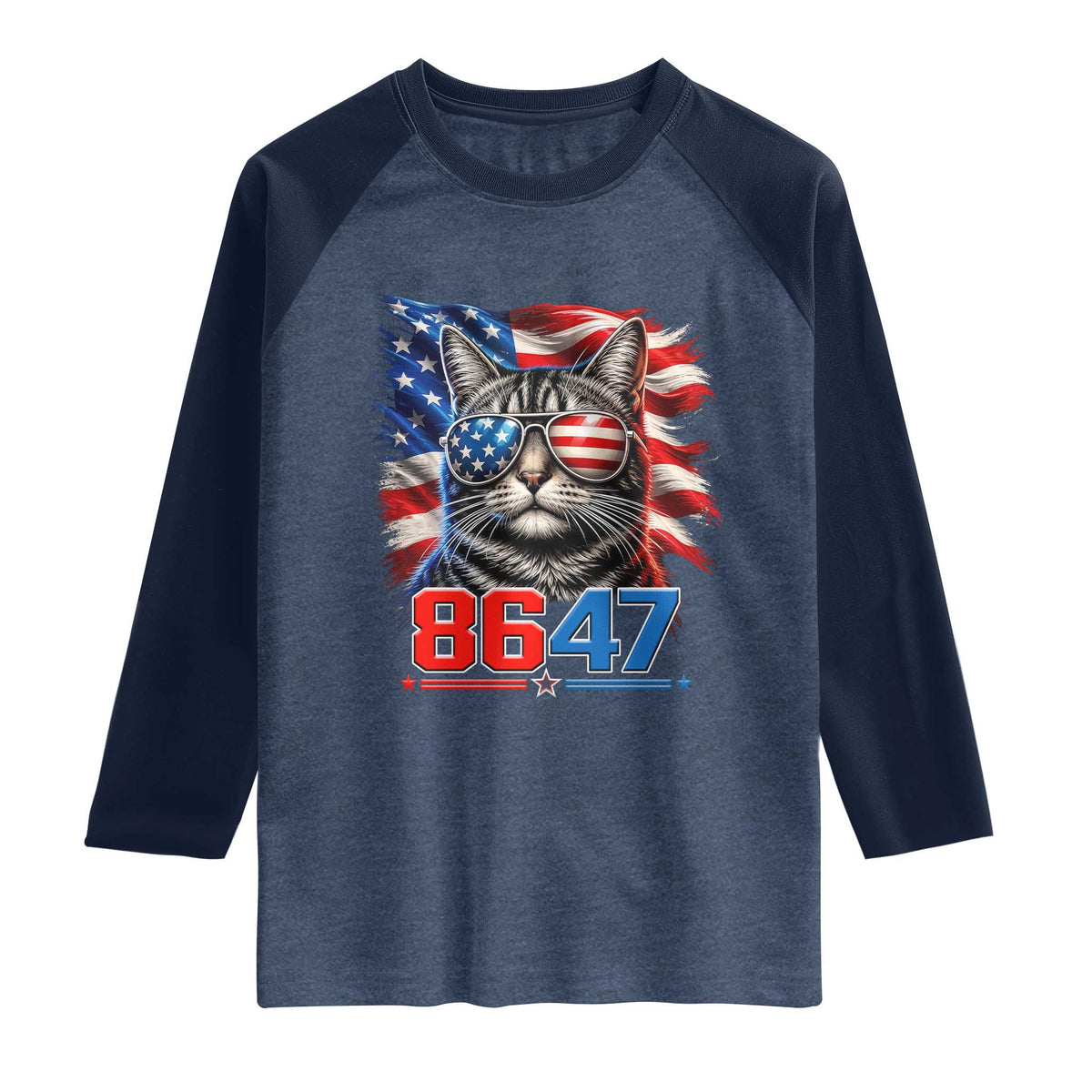 Cool 8647 Patriotic Cat Raglan Shirt American Flag Sunglasses Tabby Cat Political Satire