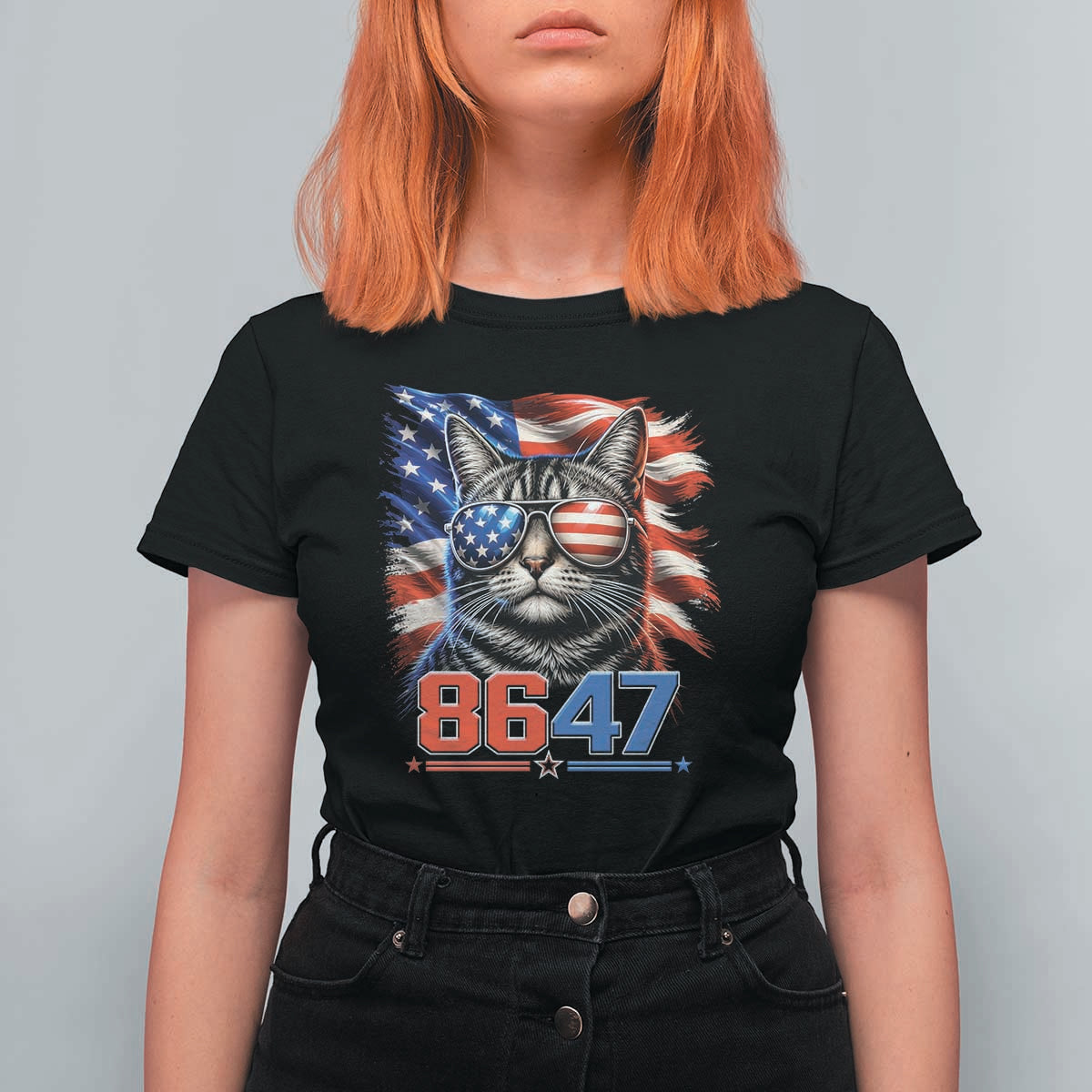 Cool 8647Patriotic Cat T Shirt For Women American Flag Sunglasses Tabby Cat Political Satire