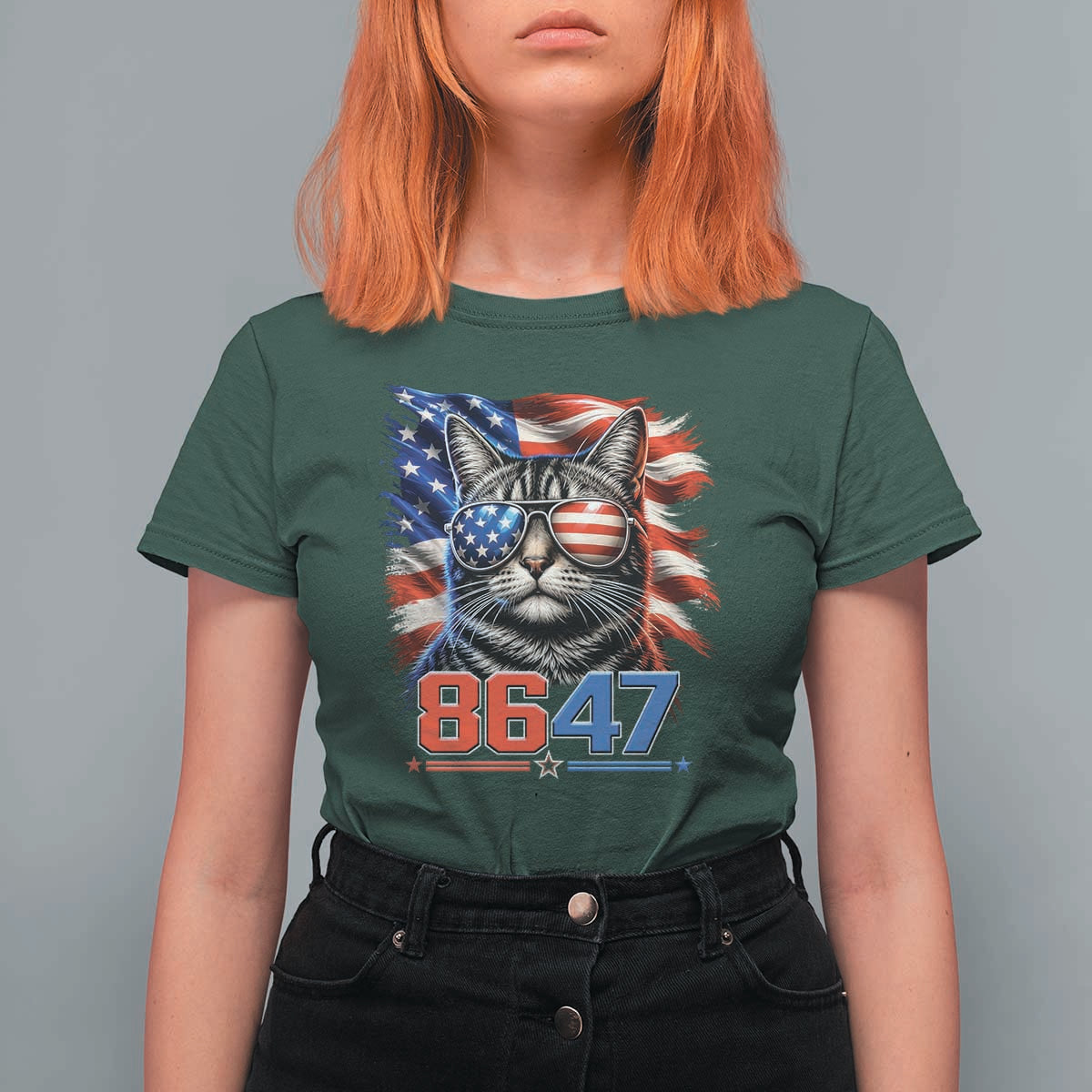 Cool 8647Patriotic Cat T Shirt For Women American Flag Sunglasses Tabby Cat Political Satire