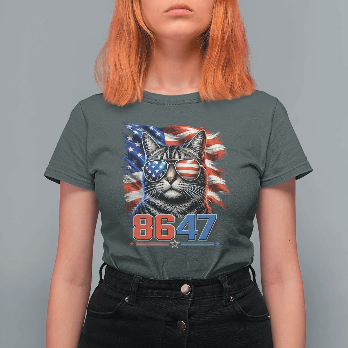 Cool 8647Patriotic Cat T Shirt For Women American Flag Sunglasses Tabby Cat Political Satire