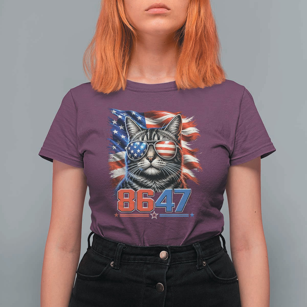 Cool 8647Patriotic Cat T Shirt For Women American Flag Sunglasses Tabby Cat Political Satire