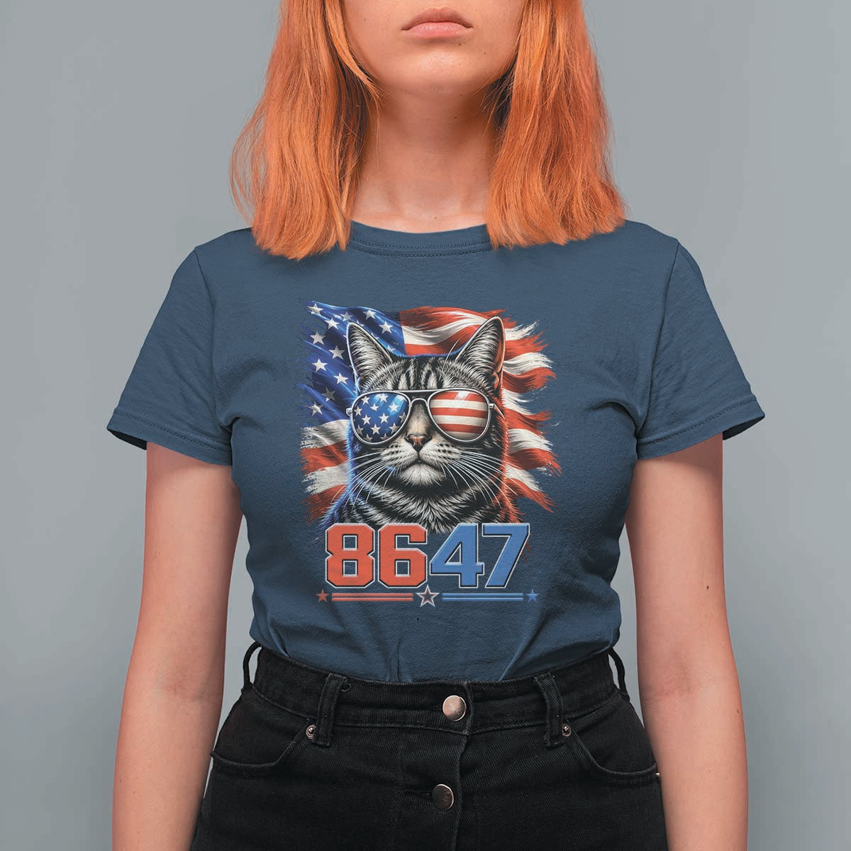 Cool 8647Patriotic Cat T Shirt For Women American Flag Sunglasses Tabby Cat Political Satire