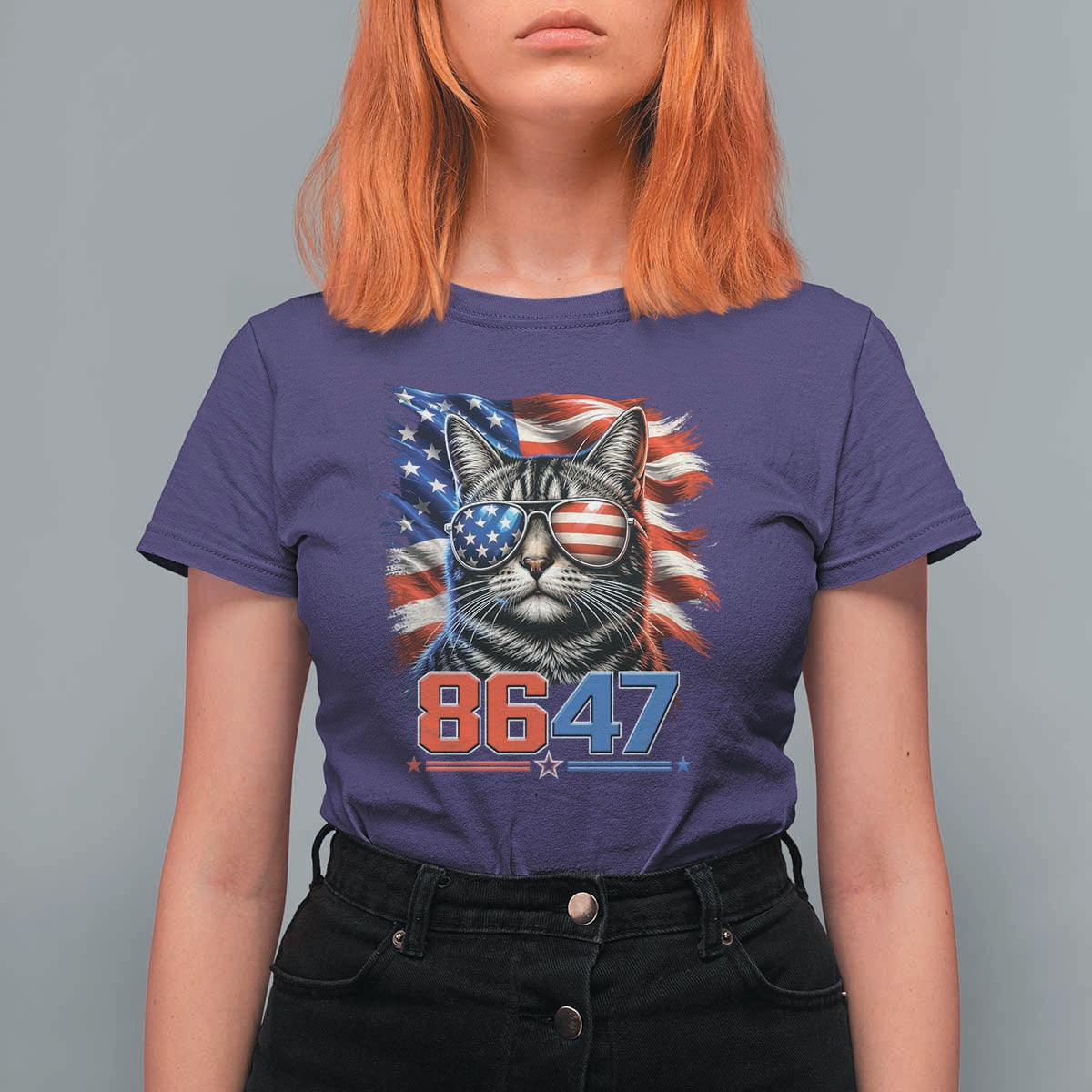Cool 8647Patriotic Cat T Shirt For Women American Flag Sunglasses Tabby Cat Political Satire