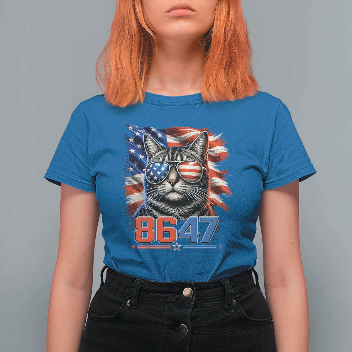 Cool 8647Patriotic Cat T Shirt For Women American Flag Sunglasses Tabby Cat Political Satire