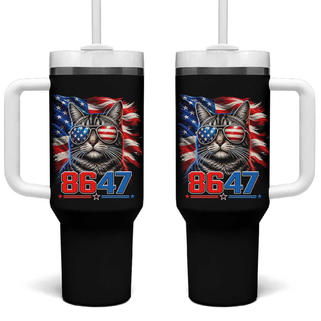 Cool 8647 Patriotic Cat Tumbler With Handle American Flag Sunglasses Tabby Cat Political Satire