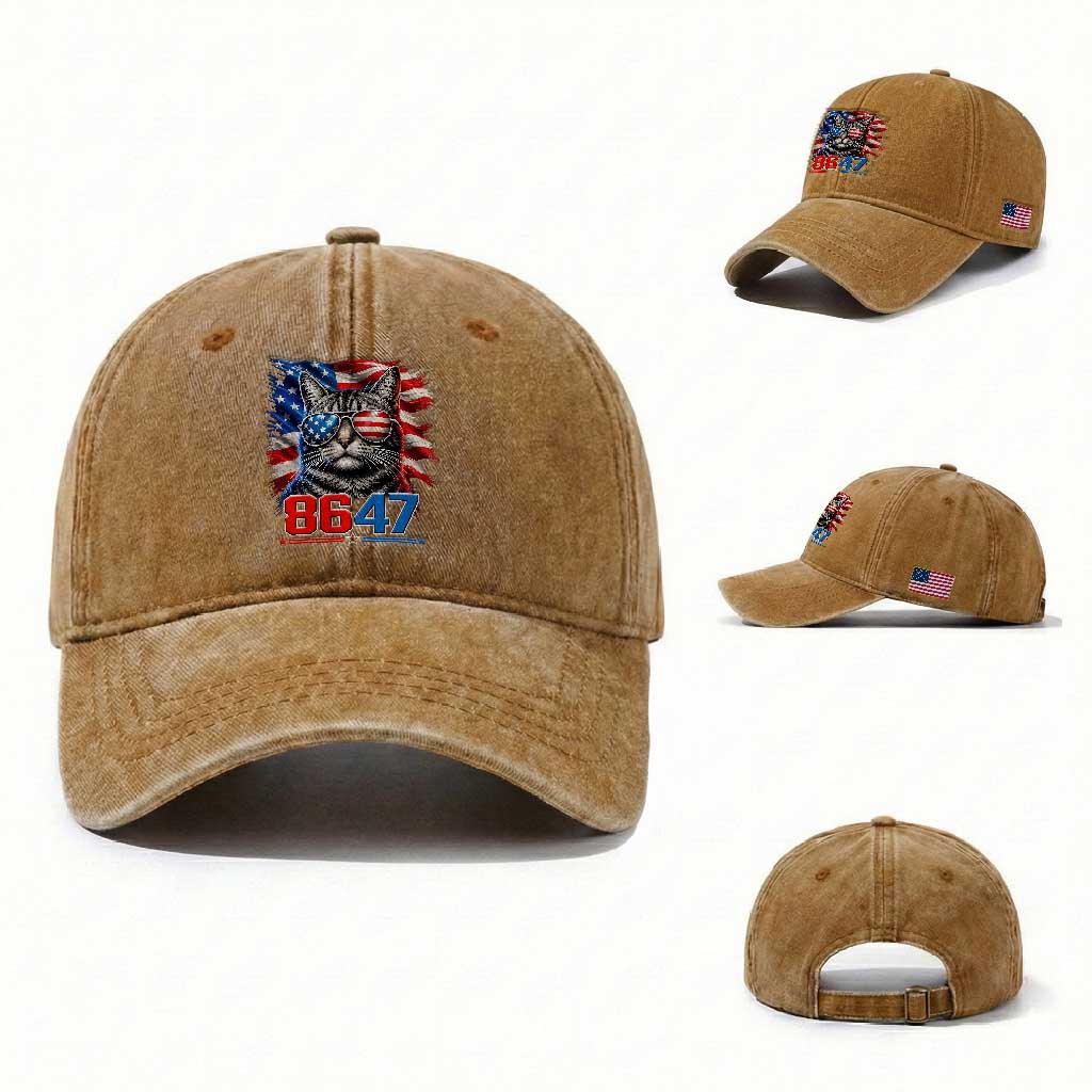 Cool 8647 Patriotic Cat Washed Cotton Baseball Cap American Flag Sunglasses Tabby Cat Political Satire