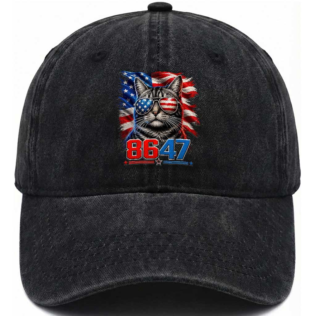 Cool 8647 Patriotic Cat Washed Cotton Baseball Cap American Flag Sunglasses Tabby Cat Political Satire