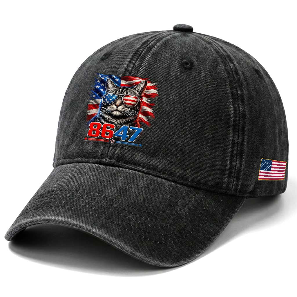 Cool 8647 Patriotic Cat Washed Cotton Baseball Cap American Flag Sunglasses Tabby Cat Political Satire