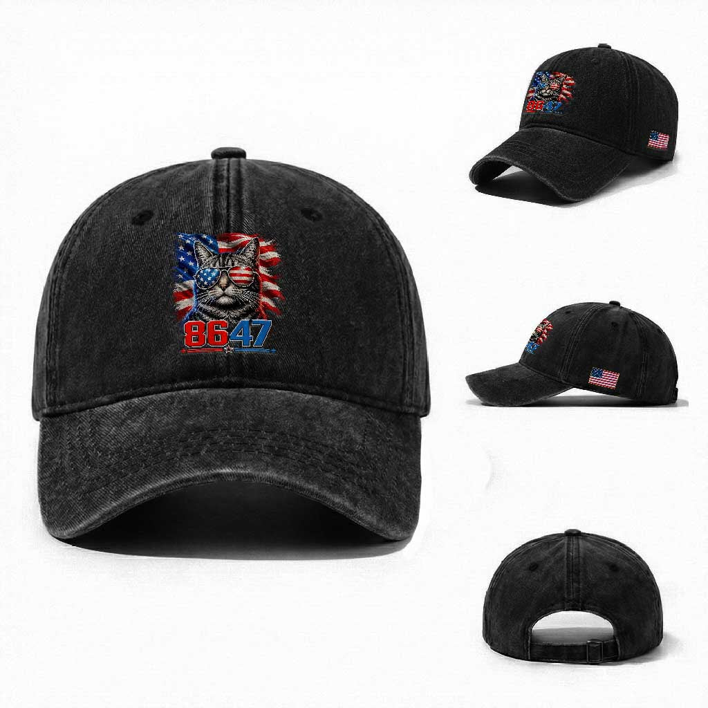 Cool 8647 Patriotic Cat Washed Cotton Baseball Cap American Flag Sunglasses Tabby Cat Political Satire